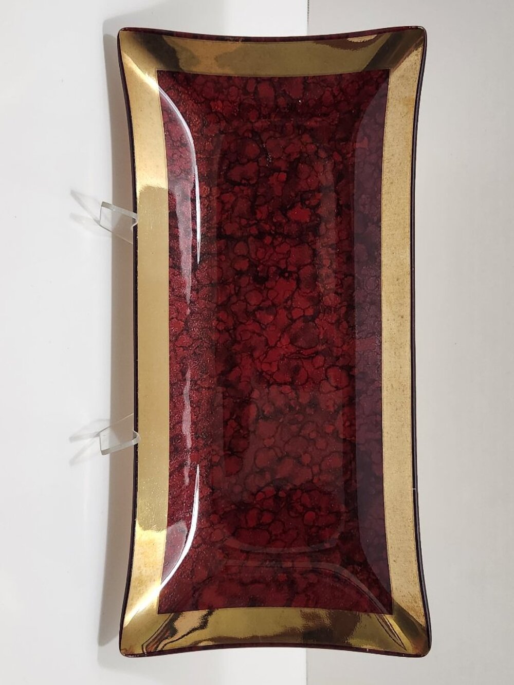 MCM Hollywood Regency Ruby Red Gold Leaf Foil Backed Glass Centerpiece Platter